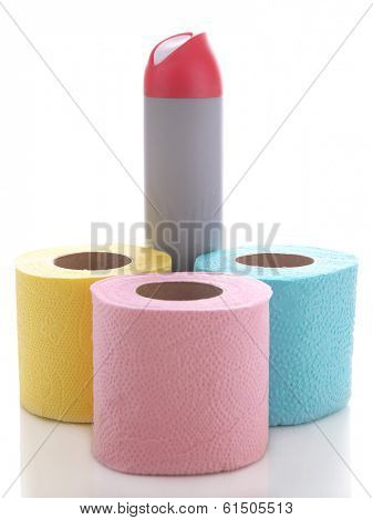Colorful toilet paper rolls and air fresher, isolated on white