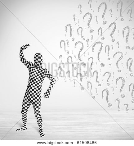 3d human character is body suit morphsuit looking at hand drawn question marks
