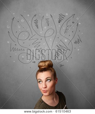 Pretty young woman deciding with sketched arrows over her head
