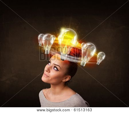 Preety woman with light bulbs circleing around her head 