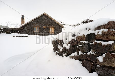 Galvarina Refuge Snow Covered In Etna Park, Sicily 
