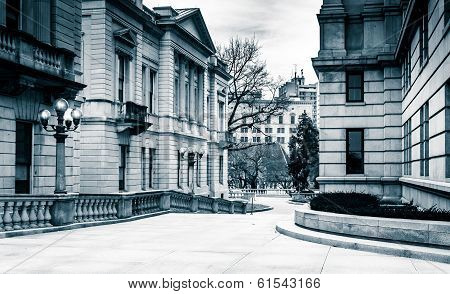 Walkway And Buildings At The Capitol Complex In Harrisburg, Pennsylvania.