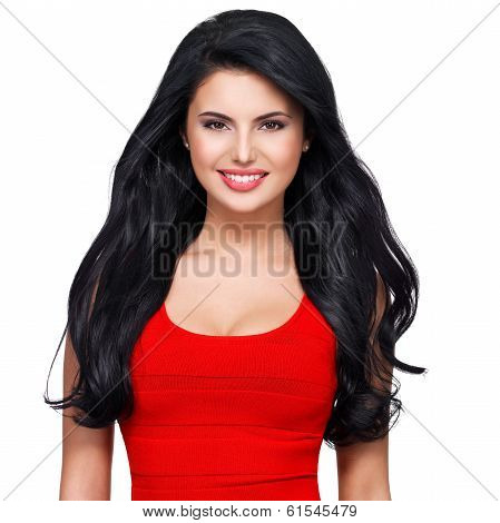 Portrait  Of  Young Smiling Woman With Long Brown Hair.