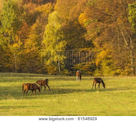 Oil Painting Stylized Photo Of Group Of Horses Grazing And Playing In The Background Of Autumn Fores