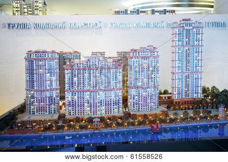 MOSCOW, RUSSIA - NOV 22, 2013: Architectural model of residential complex from construction company Don Stroy. Company Don Stroy was established in 1994. 