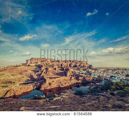 Mehrangarh Fort and Padamsar Talab and Ranisar Talab lakes , Jodhpur, Rajasthan, India with grunge texture overlaid