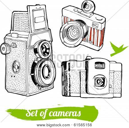A set of vintage cameras, hand-drawn.