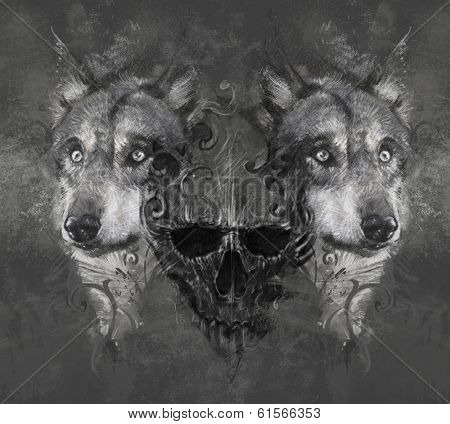 Wolf illustration. Tattoo design over grey background. textured backdrop. Artistic image