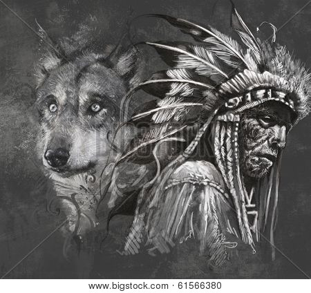 Wolf illustration. Tattoo design over grey background. textured backdrop. Artistic image