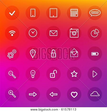 Set of Thin Line Icons. Mobile Phones, Tablet PC, Marketing Technologies, Mobile Apps, Email, Video Services and Money Management. Concept Icons for Web Site Design. Flat Design Vector.