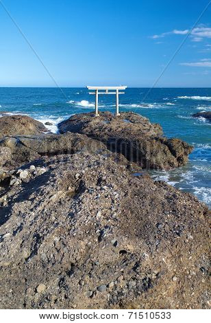 traditional Japanese gate and sea