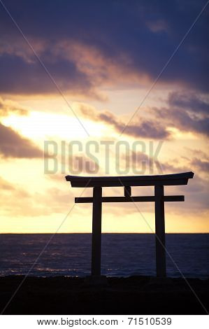 traditional Japanese gate and sea