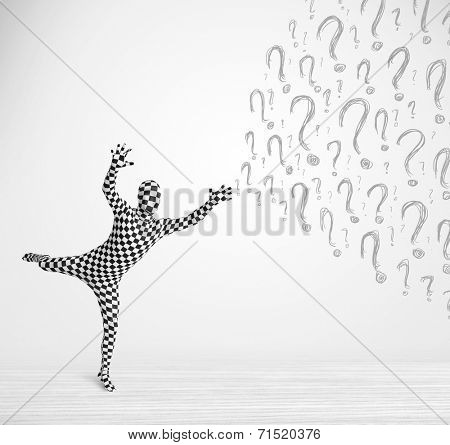 3d human character is body suit morphsuit looking at hand drawn question marks