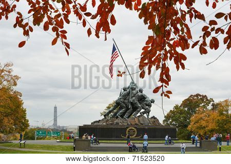 WASHINGTON, DC - NOVEMBER 06, 2013: Iwo Jima Memorial in Washington, DC. The Memorial honors the Marines who have died defending the US since 1775 and a prominent tourist attraction in Washington DC. 