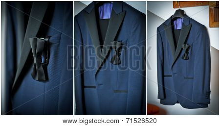 Wedding ultramarine suit and black bow. Formal groom suit with black bow-tie. Elegant groom suit