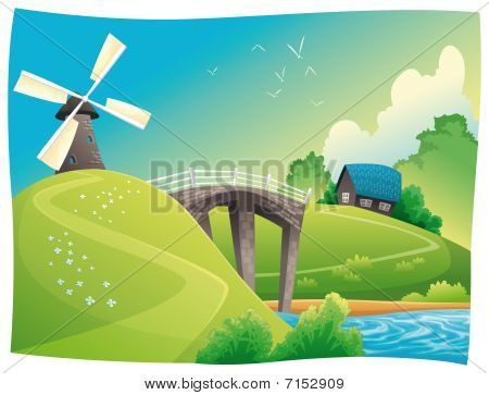 Paesaggio con mulino a vento.