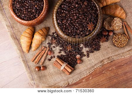 Roasted Coffee Beans In A Bamboo Basket