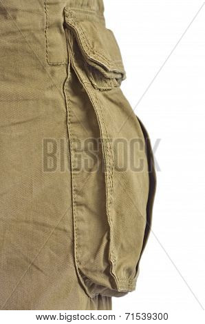 Military Olive Green Army Style Cotton Twill Cargo Pants Storage Pocket Isolated Macro Closeup