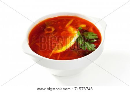 Soup - Solyanka. Dish of Stewed Cabbage and Meat with Spices and Lemon