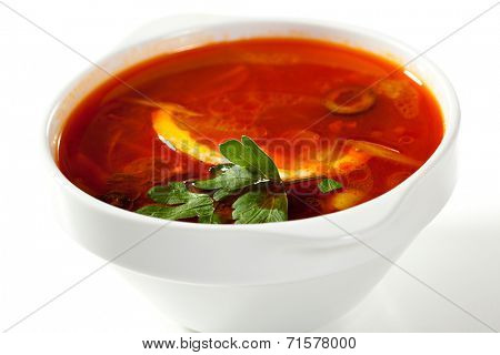 Soup - Solyanka. Dish of Stewed Cabbage and Meat with Spices and Lemon