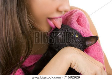 Woman Licking Cute Black Soggy Cat After A Bath