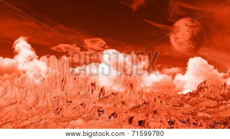 3D landscape space background with fictional planet and ground texture