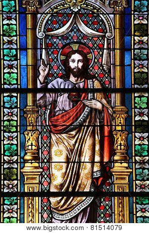MARIJA BISTRICA, CROATIA - OCTOBER 26: Jesus, stained glass window in Basilica Assumption of the Virgin Mary in Marija Bistrica, Croatia, on October 26, 2013