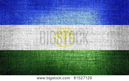Bashkortostan flag on burlap fabric