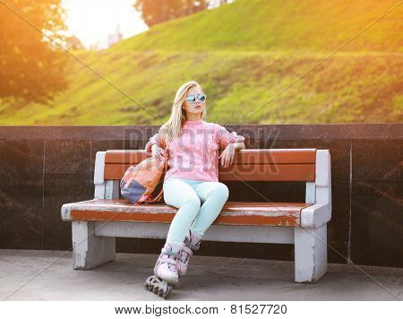 Fashion, Extreme, Youth And People Concept - Pretty Stylish Confident Blonde In Sunglasses With Roll