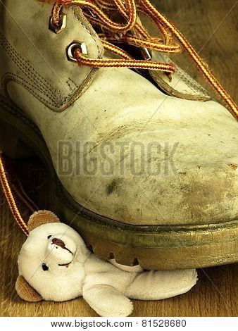 Teddy Bear Crushed By A Heavy, Old Military Boot.