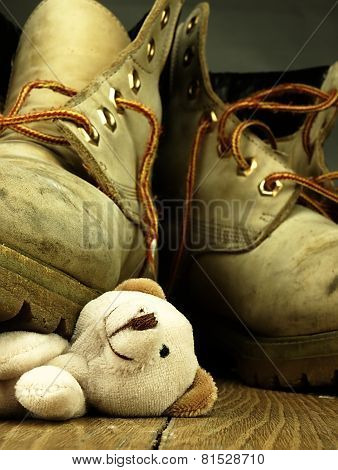 Teddy Bear Crushed By A Heavy, Old Military Boot.