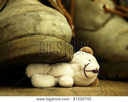 Teddy Bear Crushed By A Heavy, Old Military Boot.