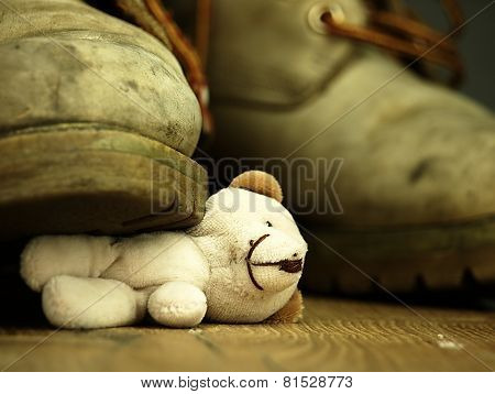 Teddy Bear Crushed By A Heavy, Old Military Boot.