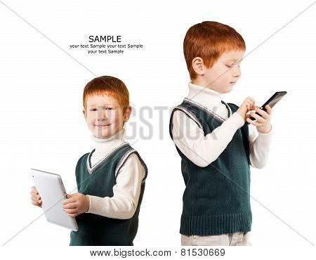 Cute Red Haired Child Poses With Tablet Pc And Smartphone. Isolated. Place For Your Text