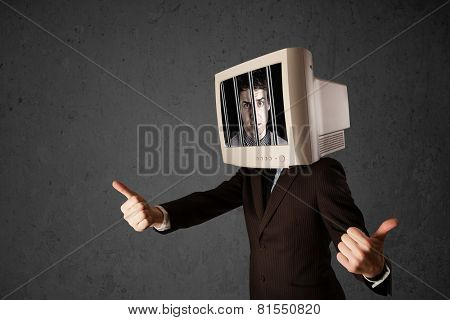 Business man with monitor screen on his head traped into a digital system concept