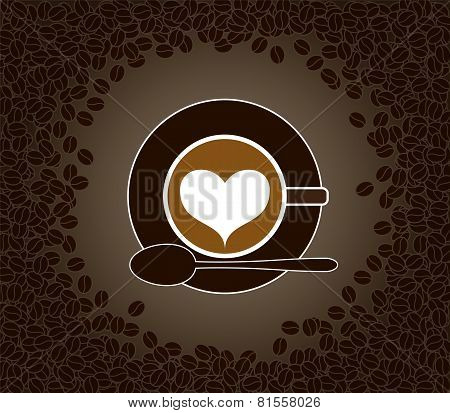 Cup Of Cappuccino With Heart Shape Pattern Surrounded By Cofee Beans