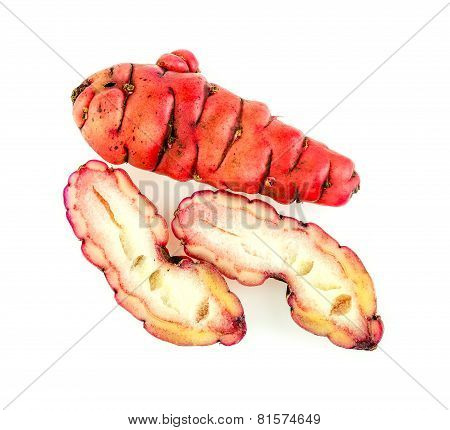 Isolated Macro Of Sliced Pink Oca New Zealand Yams