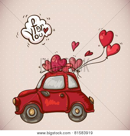 Doodle Card Valentines Day with Red Car