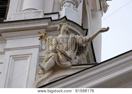 GRAZ, AUSTRIA - JANUARY 10, 2015: Angel on the portal of Mariahilf church in Graz, Styria, Austria on January 10, 2015.