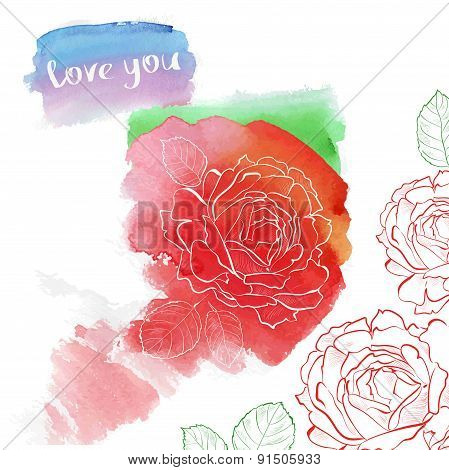 Watercolor rose hand drawing