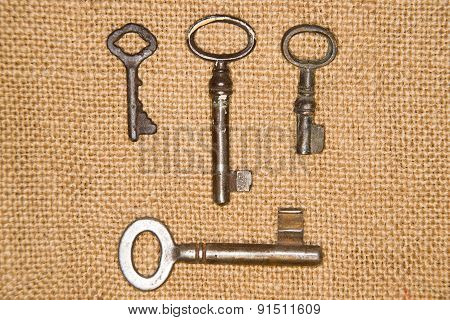 A Lot Vintage Keys From The Locks On Old Cloth