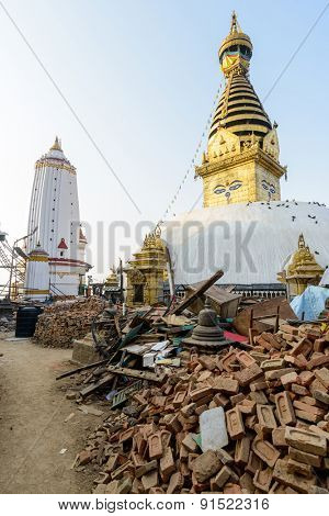 KATHMANDU, NEPAL - MAY 22, 2015: Swayambhunath, a UNESCO World Heritage Site, was severely damaged after two major earthquakes hit Nepal on April 25 and May 12, 2015.