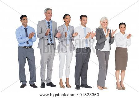 Business people holding cup and cheering on white background