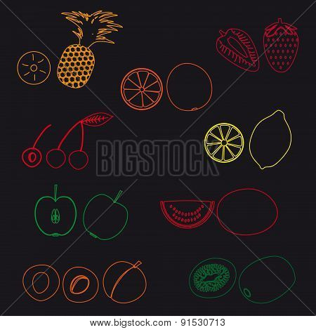 Fruits And Half Fruits Simple Outline Icons Eps10