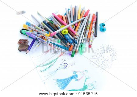 Pencils, Pens And Child's Drawing