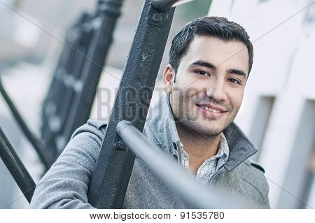 Close-up Of A Happy Smile Man Wearing Coat, Coldly Morning. Autmn Day