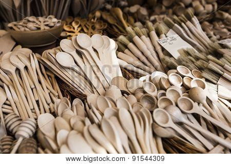 Carved Cups, Spoons, Forks And Other Utensils Of Wood