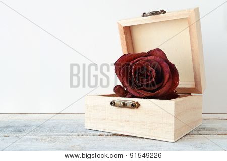 Withered red rose flower on a white wooden shelf.