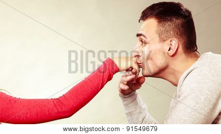 Man Husband Kissing Woman Hand. Love Couple.