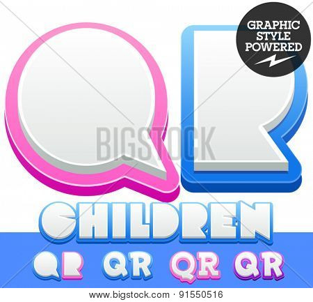 Vector cute alphabet for children. Nice white with blue  or pink letters and numbers for boys and girls. Letters Q R